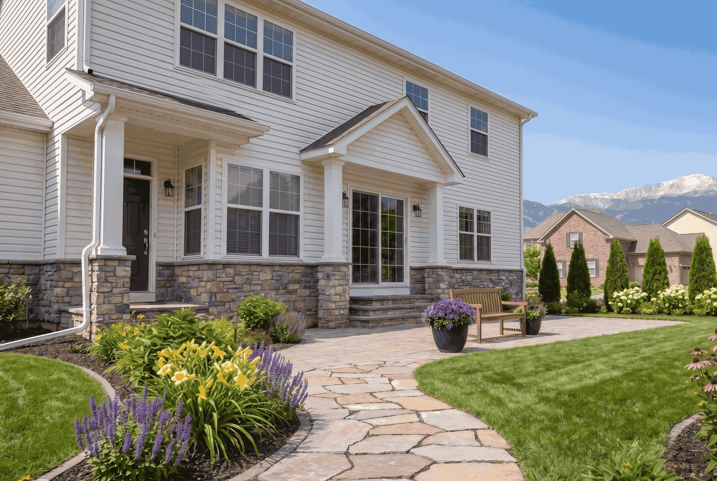 A two-story house with stone and white siding exterior. A stone path leads to a porch, surrounded by lush flowers and a manicured lawn under a clear sky.