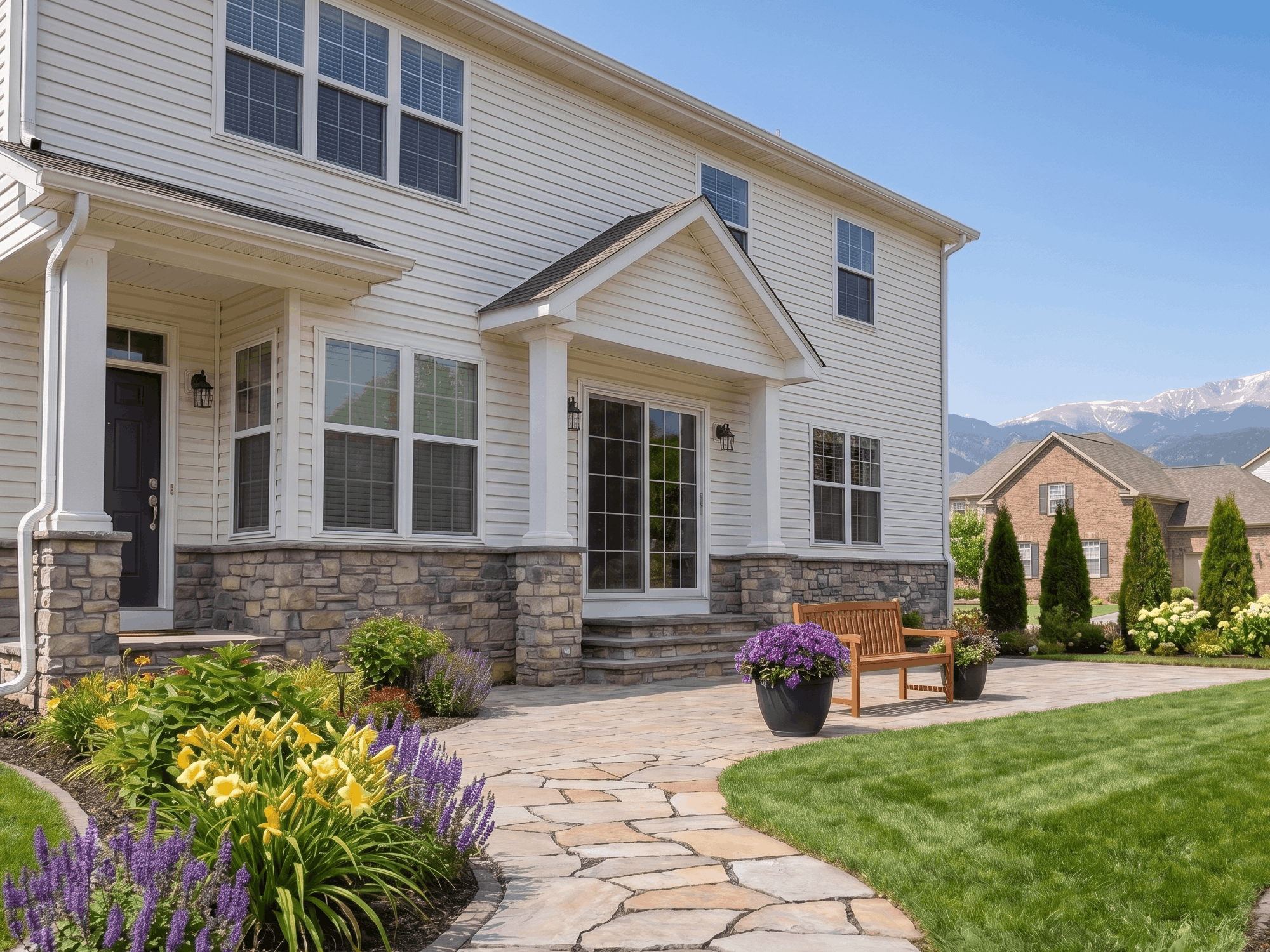 A two-story house with stone and white siding exterior. A stone path leads to a porch, surrounded by lush flowers and a manicured lawn under a clear sky.