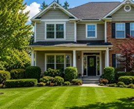 A two-story suburban house with beige siding and brick accents, a manicured lawn, green shrubs, and a tree. The scene conveys a peaceful, welcoming vibe.