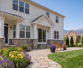 A two-story house with stone and white siding exterior. A stone path leads to a porch, surrounded by lush flowers and a manicured lawn under a clear sky.